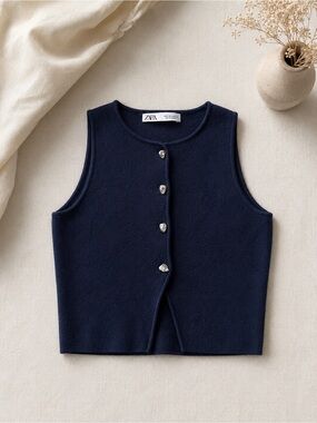 Zara Navy Sleeveless Knit Button-Front Tank